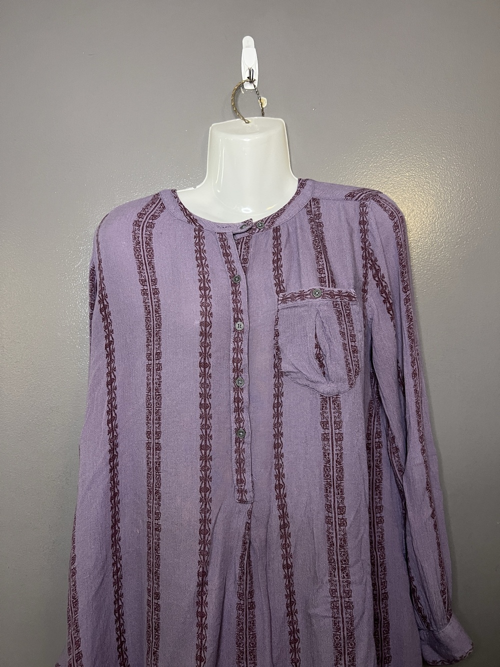 Free People Blouse Womens Medium Purple Striped Henley Long Sleeve Tunic Top